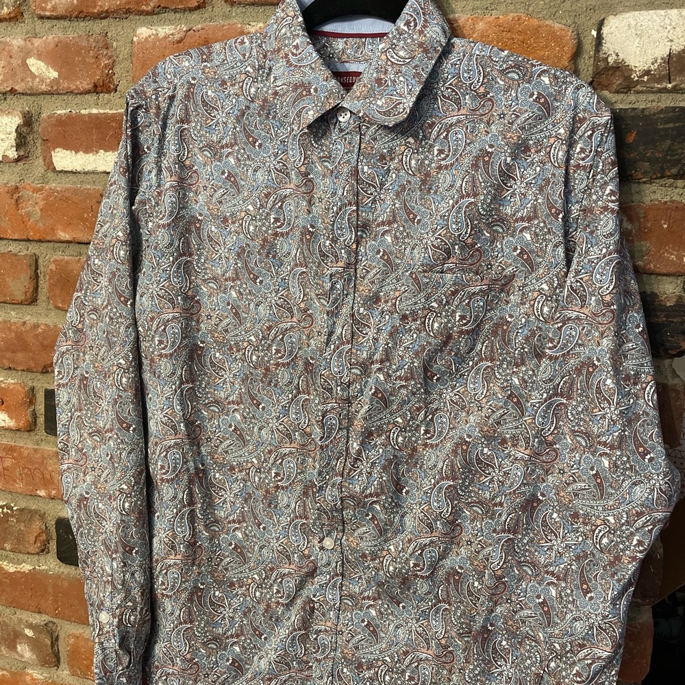 Paisley Print Gray and Brown Casual Button Down Shirt